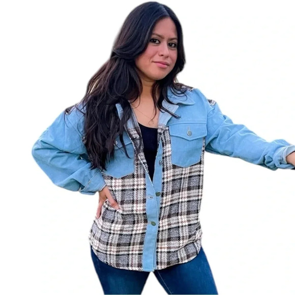 Plaid patchwork on light denim jacket XL NWT shirt - Picture 3 of 8